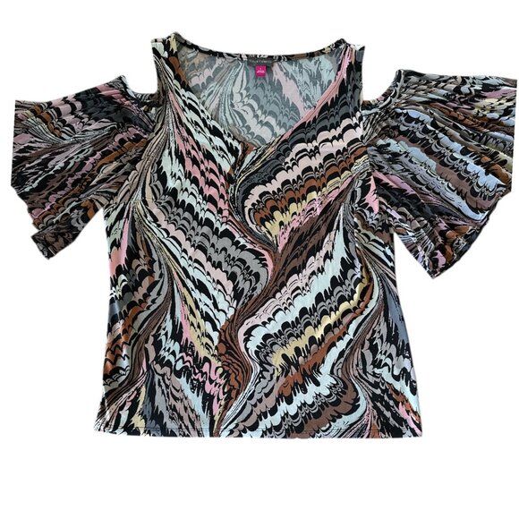 Vince Camuto Cold Shoulder Top Abstract Marble Print Flutter Sleeve Blouse L - Picture 3 of 8